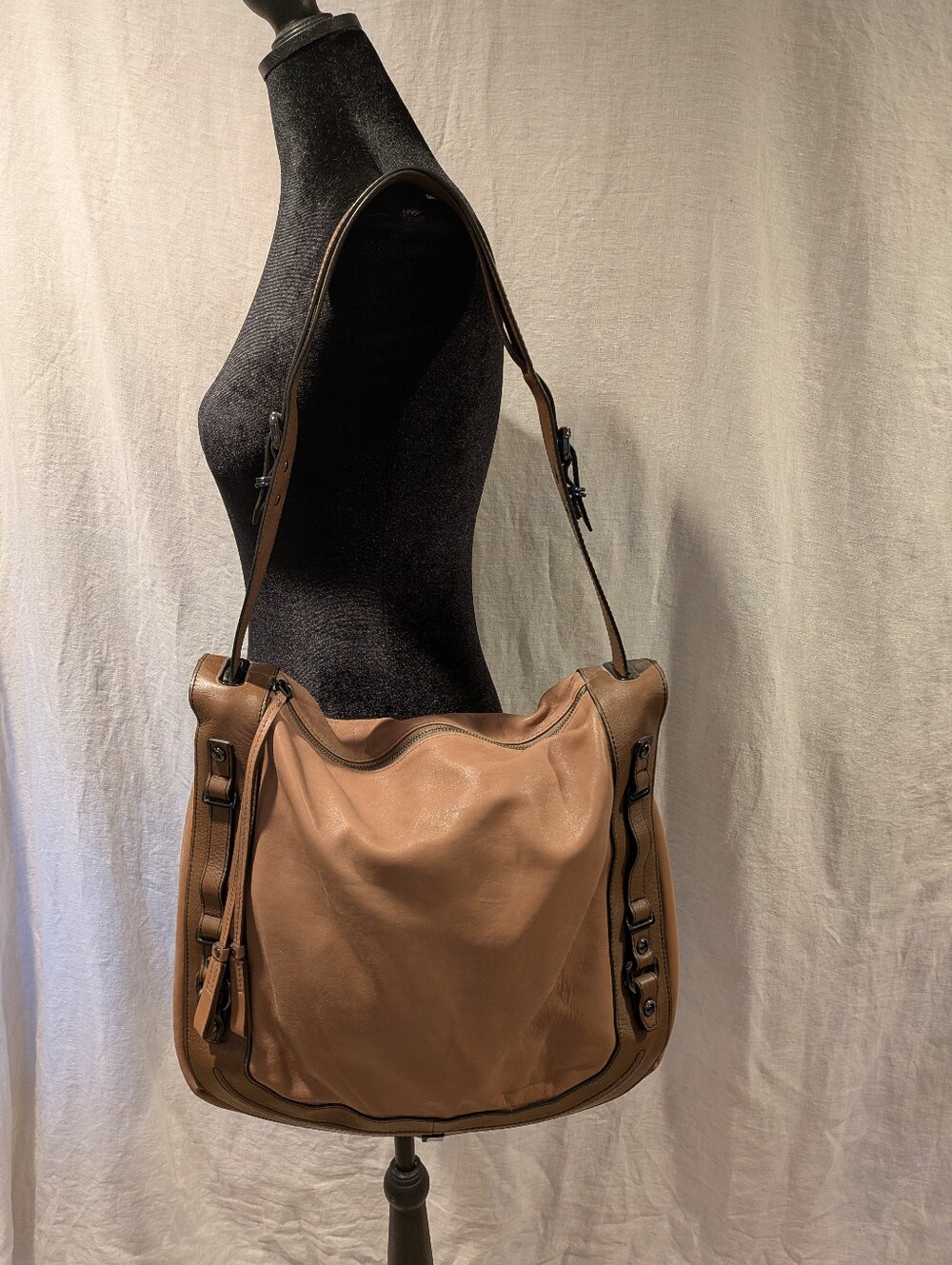 Kooba Two-Tone Brown Leather Bag with contrast stitching and expandable design